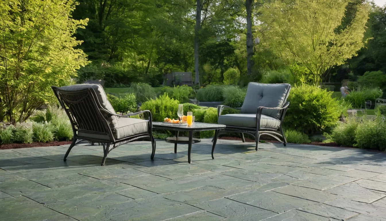 A stamped concrete patio with a stone pattern behind a home in the Lake Stevens area